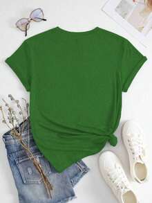 Soft Plus Size Graphic Print Round Neck Short Sleeve T-Shirt, Casual Blouse For Women, Cotton T-Shirts For Women - 綠色 - 查看 2