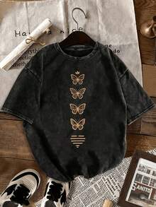 1 pieza de camiseta vintage para mujer con estampado de mariposas, camiseta holgada con estampado de mariposas doradas vintage y efecto lavado ácido, 100% algodón puro, suave y transpirable, de manga corta, estilo urbano, ropa casual diaria para mujer, 180g 100% algodón. - Negro - Ver 1