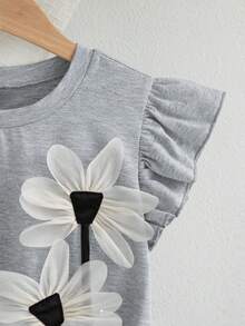 Atasan Tanpa Lengan Kasual untuk Anak Perempuan dengan Dekorasi Bunga 3D, Warna Polos, Musim Panas - Grey - View 5