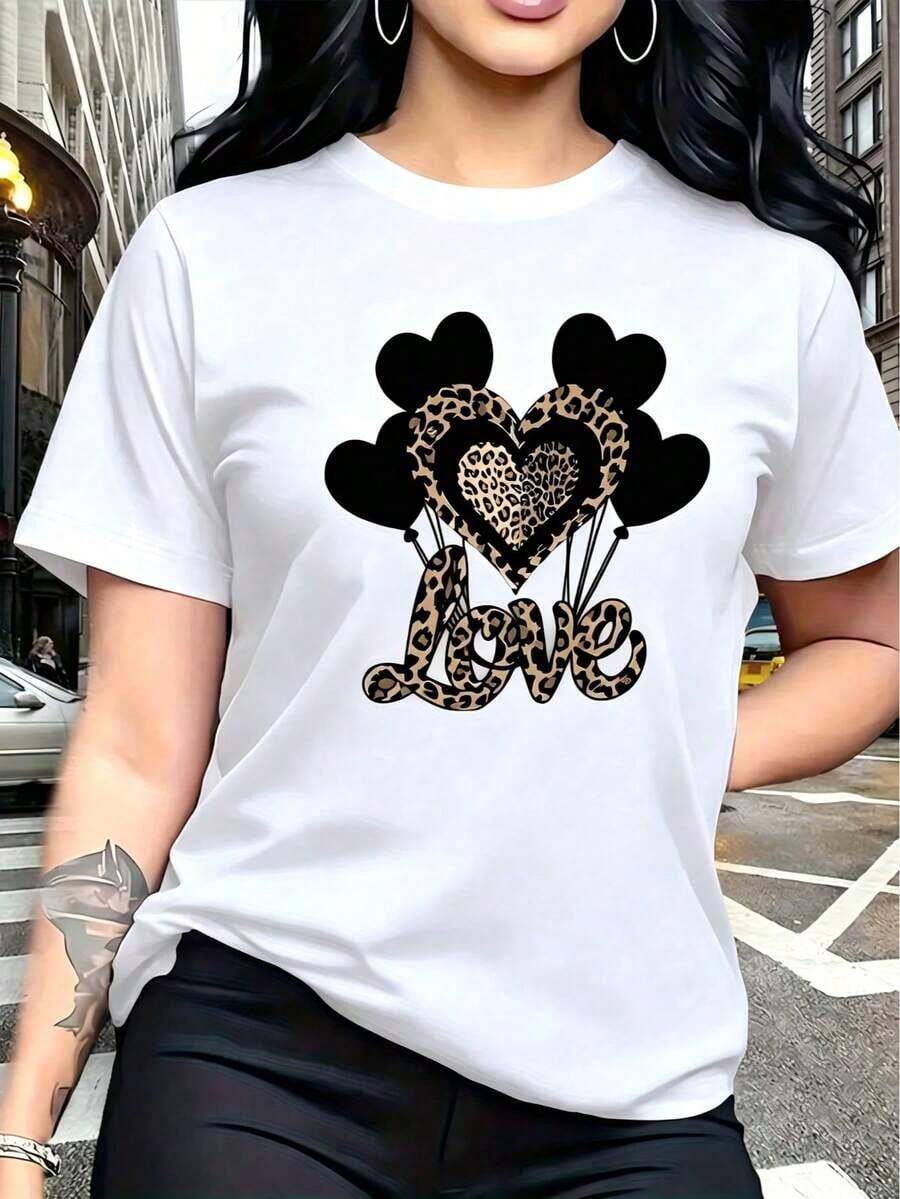 La salvajedad y la delicadeza coexisten, camiseta de mujer de manga corta con estampado de globos en forma de corazón en negro y estampado de leopardo, de moda, cuello redondo simple, casual y versátil, adecuada para viajes de ocio y otras actividades 13419 Transpirable y cómoda. - Blanco - Ver 1