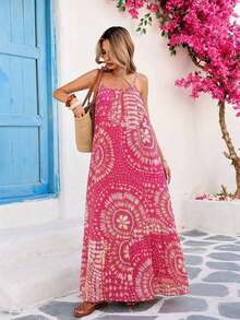 Vestido informal de tirantes de mujer con estampado total, Vestido de tirantes a lunares - Rosa Fucsia - Ver 9