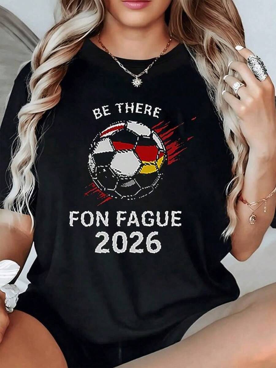 Balón con colores vivos que simboliza la pasión por el fútbol mundial el espíritu de unidad y energía que impulsa cada jugada camiseta de mujer cómoda casual y moderna para deportes y ocio - Negro - Ver 1