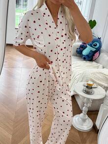 女款睡衣套裝，短袖長褲開胸心形印花休閒居家睡衣套裝 - 彩色 - 查看 3