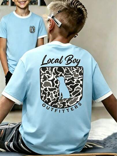 Kids Casual 'Local Boy Outfitters' T-Shirt, Boys Camo Dog Print Short Sleeve Top For Outdoor & Daily Wear