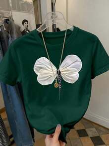 Camiseta casual de mujer de manga corta, cuello redondo, estampado de libélula, holgada - Verde militar - Ver 7