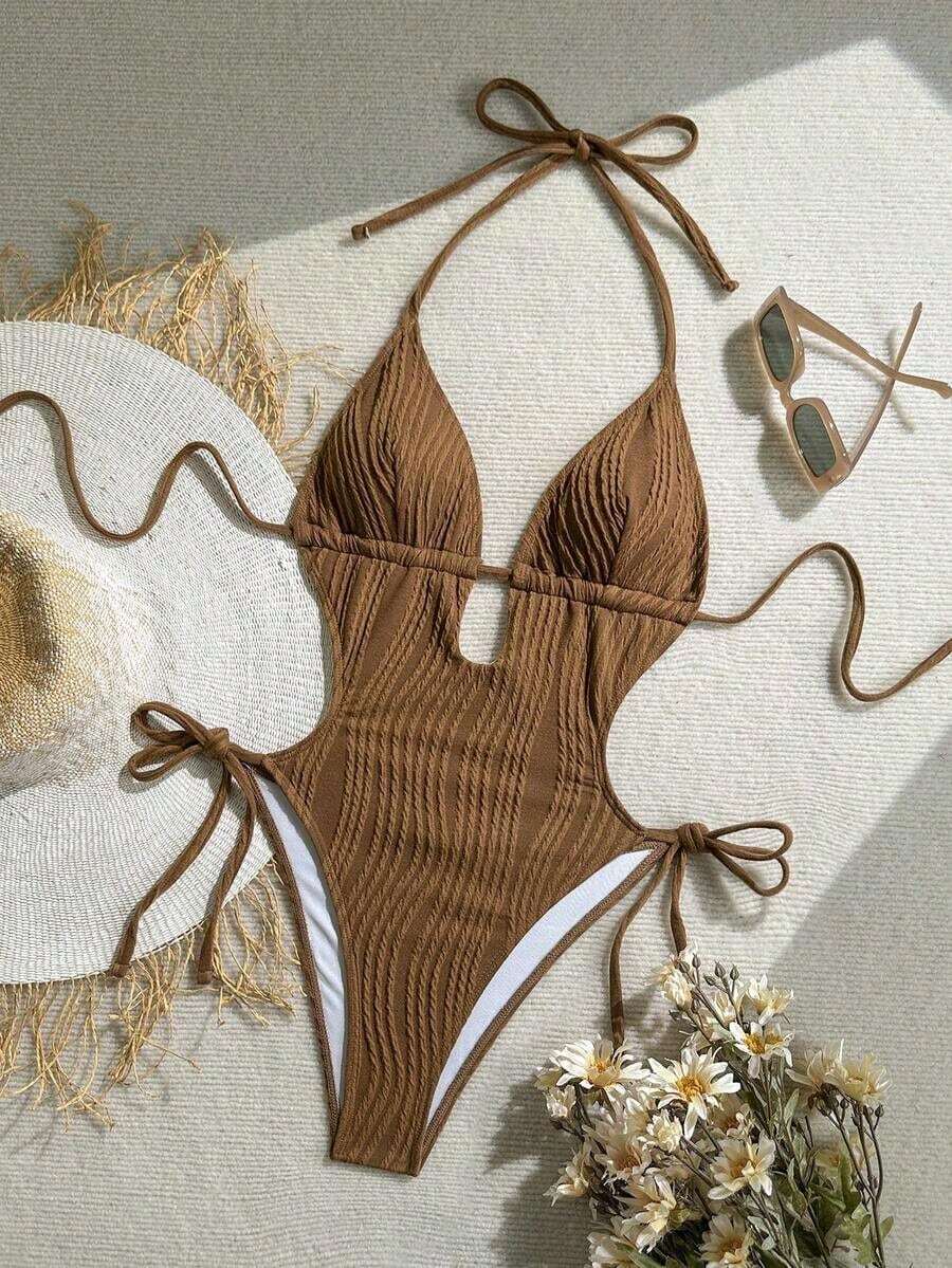 Traje de baño de una pieza con cuello en V de punto jacquard con textura y espalda descubierta, color verde oliva, adecuado para la playa.Traje de baño de una pieza negro, traje de baño de mujer con cuello halter - Café integral - Ver 1