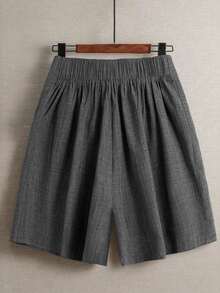 Pantalones cortos de mujer talla grande, casuales, para ir al trabajo o salir, con diseño de abertura redonda, cintura elástica y decoración de nudo chino con botones - Gris - Ver 2