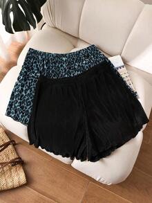 Shorts plisados de talla grande de verano con estampado de leopardo y unicolor - Multicolor 6 - Ver 6