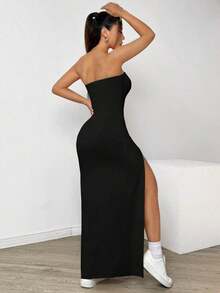 Vestido sin tirantes con abertura alta de unicolor para mujeres - Negro - Ver 2
