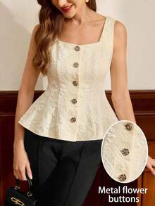 de mujer vintage, elegante y clásica, con cierre de botones metálicos con forma de flor, sin mangas, color blanco, para primavera/verano - Beis - Ver 7