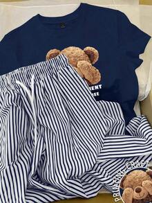 Conjunto de camiseta de manga corta con cuello redondo y estampado de oso de dibujos animados, y pantalones a rayas con cordón en la cintura para mujer - azul real - Ver 9