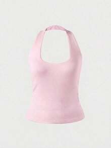Camiseta sin espalda ajustada de color amarizo sólido con tirantes finos, blusa casual para mujer, adecuada para la playa, el hogar y el uso diario en verano - Rosa - Ver 7