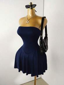 Vestido mini sin tirantes con dobladillo de volantes para mujer - Azul marino - Ver 8