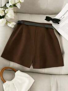 Pantalones con falda asimétrica de moda casual para ir al trabajo, pantalones cortos multifuncionales para mujer sin cinturón, pantalones con falda asimétrica a juego sin cinturón, falda asimétrica, falda con dobladillo asimétrico, falda pantalón - Café integral - Ver 2