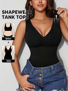 Camiseta sin costuras con cuello en V de unicolor y elegante para mujer, casual en color negro - Negro - Ver 3