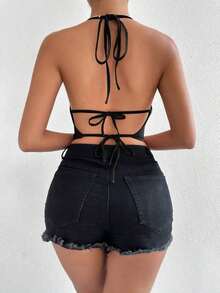 Top halter de cuello con fruncido de espalda abierta con cordón - Negro - Ver 2
