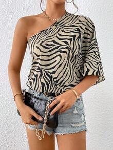 Blusa de manga de murciélago con un hombro y rayas de cebra, Blusas de manga tres cuartos - Beis - Ver 7