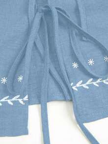 Conjunto casual de vacaciones para mujer, blusa con cuello redondo y estampado teñido anudado en la espalda, combinada con shorts estampados, para /verano - Azul - Ver 8