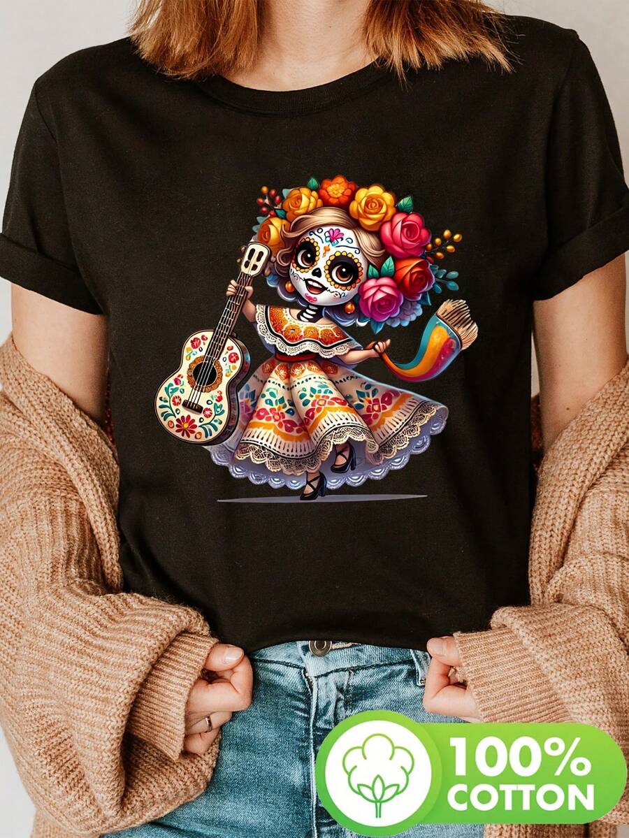 Women's Mexican Folk Art Graphic T-Shirt With Sugar Skull And La Catrina - 100% Short Sleeve Crew Neck, Casual Top With Vibrant Day Of The Dead Design, Machine Washable, Spring Summer Casual Wear, Theme Party Outfit - 黑色 - 查看 1