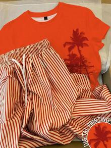 2 piezas Conjunto de camiseta y pantalones a rayas casuales para mujer - Multicolor 3 - Ver 9