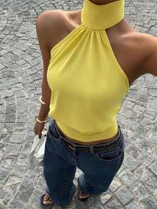Top de punto con cuello de halter color albaricoque para mujer - Amarillo - Ver 4