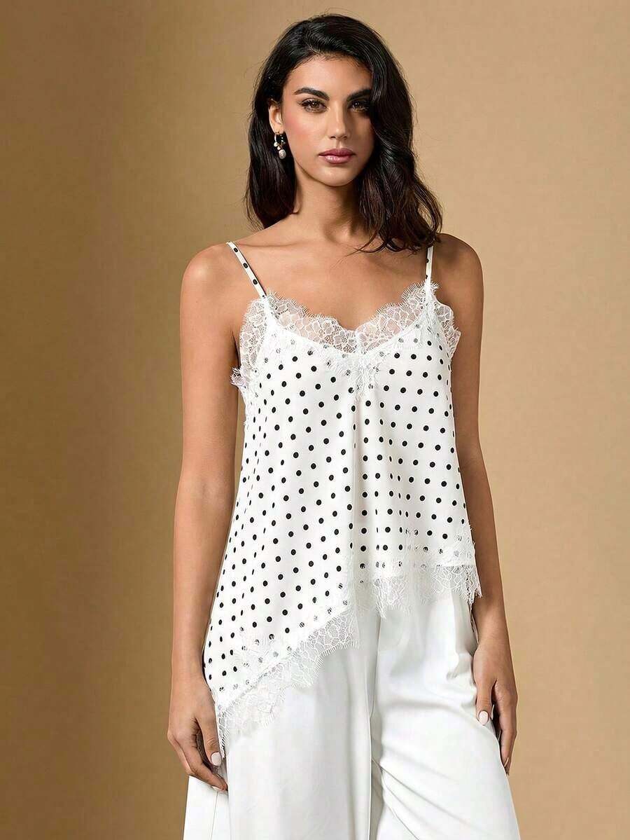 2026 Nuevo Llegado Verano Elegante Blusa de Satén a Lunares para Mujer con Tirantes de Encaje Contrastante y Bajo Asimétrico de Longitud Regular/Blusa Asimétrica de Verano, Blusa de Salida de Verano para Mujer, Vacaciones de Primavera, Blusa Eleg - Blanco 2 - Ver 1