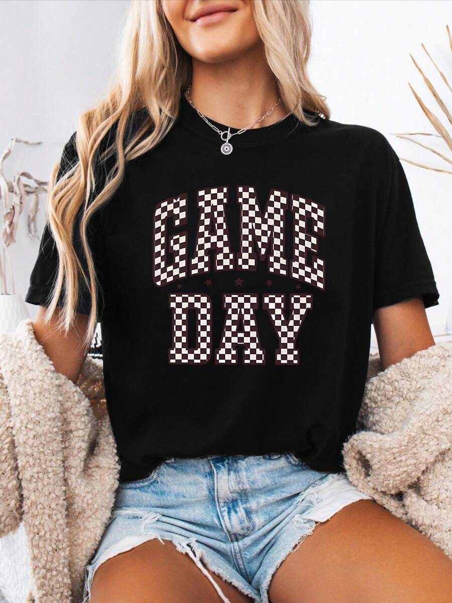 Women's "GAME DAY" Print T-Shirt For Spring-Summer - Casual Round Neck Short Sleeve Top, Ideal For Game Days, Sporting Events And Casual Outfits - Machine Washable Athletic Blouse - 黑色 - 查看 1