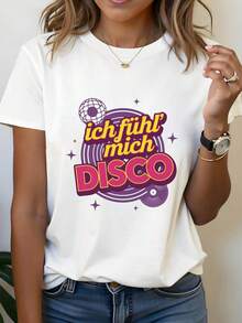 Camiseta de verano premium para mujer con la impresión en alemán "ich fühl' mich DISCO" (me siento como si estuviera en una discoteca). Estampado de texto en bloques de color neón. Camiseta de manga corta con cuello redondo para mujer, primavera/verano. - Blanco - Ver 8