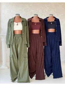 Women's Corduroy Cargo Set – Oversized Shirt And Jogger Pants - 黑色 - 查看 5