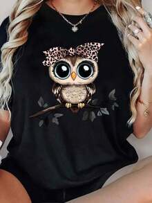 Women's T-Shirt With An Adorable Owl Design In A Casual Style, Perfect For Informal Occasions And Everyday Wear, Available In Small And Medium Sizes In Black, Ideal For Young Fashion Lovers, Animal Print T-Shirt, Women's Blouses, Elegant Black T-Shirt. - 黑色 - 查看 8