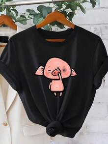 Women's T-Shirt With Funny Pig Scratching His Nose Print | Fun Cartoon Style, Crew Neck, Short Sleeve | Casual And Adorable Eye-Catching Top | Spring/Summer 2026 Resort Style Clothing | Stylish Retro Women's Clothing For Parties And Everyday Wear - Unisex Loose Cotton Short Sleeve Crew Neck T-Shirt, Vintage Urban Style - 黑色 - 查看 1