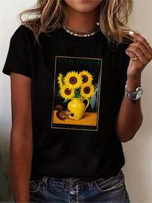 Women's Summer T-Shirt, A Casual Short-Sleeved Blouse With An Artistic Print Of Van Gogh's Sunflowers, With Squirrel And Vase Motifs, Perfect For Everyday Wear, Lightweight And Breathable, 100% Cotton. - 黑色 - 查看 6
