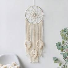 1pc Handmade Woven Dreamcatcher Wall Hanging, Boho Style Woven Tassel Leaf Decor, Neutral Beige Macrame Wall Art, Modern Woven Wall Decor, Boho Bedroom Dreamcatcher Decor - Multicolor - View 10