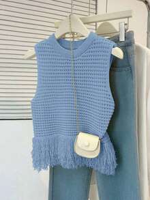 Top de punto sin mangas de cuello redondo de unicolor, versátil para el verano - Azul - Ver 2