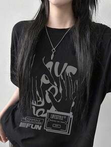 Camiseta de Mujer de Corte Holgado Estilo Urbano con Diseño de Estampado Grande LIFESTYLE Abraza el Futuro EMBRACE THE FUTURE FUN Yes Summer, Camisetas Gráficas - Negro - Ver 5