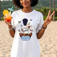Women's T-Shirt With Butterfly Print "Love Yourself", Short Sleeve, Urban Chic Style, Casual, For All Seasons, Loose Fit T-Shirt 2026, Elegant, New Spring Summer Style, Ideal Gift For National Day, Christmas, Halloween. - 白色 - 查看 8