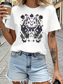 Limited Edition Women's T-Shirt, Mysterious Floral Snake And Moth Print, Cotton T-Shirt, Casual Short Sleeve Round Neck Top, Suitable For Summer And Spring, Women's Clothing, Ladies Short Sleeve Top, Lightweight Cotton Women's T-Shirt. - 白色 - 查看 8