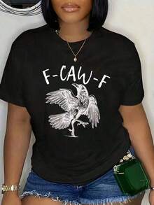 Camiseta Holgada Sencilla Mujer Estilo Moderno Camiseta de Mujer F-Caw-F con Estampado de Águila, Camiseta Casual para Mujer Camiseta Mujer Estampado Gráfico  Verano 2026 - Negro - Ver 1