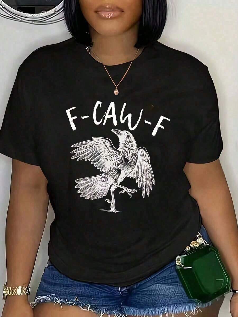 Camiseta Holgada Sencilla Mujer Estilo Moderno Camiseta de Mujer F-Caw-F con Estampado de Águila, Camiseta Casual para Mujer Camiseta Mujer Estampado Gráfico  Verano 2026 - Negro - Ver 1