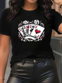 Under The Radar Women's Short Sleeve Crew Neck T-Shirt With Playing Card Print - Casual Sporty Style, Soft And Breathable, 95% Cotton 5% Elastane, Fresh And Unique Personality, Fashionable And Eye-Catching, Versatile Fashion Item - Vintage Street Style Unisex Loose Cotton Short Sleeve Crew Neck T-Shirt - 黑色 - 查看 1