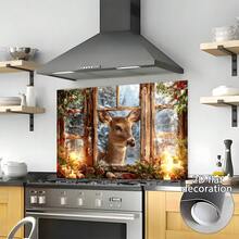 1pc 2D Flat Design Sticker Depicting A Deer In Front Of A Snowy Pine Window, Suitable For Kitchen Wall Decor. Easy To Apply, Durable PVC Material, Removable And Reusable, Flat Art Sticker, Kitchen Storage. - 1PC - View 1