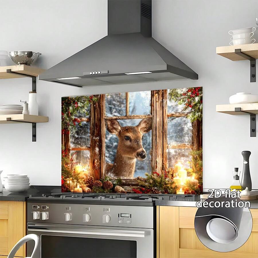 1pc 2D Flat Design Sticker Depicting A Deer In Front Of A Snowy Pine Window, Suitable For Kitchen Wall Decor. Easy To Apply, Durable PVC Material, Removable And Reusable, Flat Art Sticker, Kitchen Storage. - 1PC - View 1
