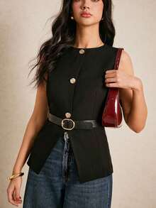 Chaleco de traje de mujer con cinturón, chaleco de traje con cintura, decoración de dobladillo asimétrico, botón metálico de solapa única, blazer informal sin mangas, traje negro, verano, mujer, negocios, mujer, overoles, blazer, trabajo, mujer, abotonado, mujer, festival, dinero viejo en otoño/invierno - Negro 2 - Ver 2