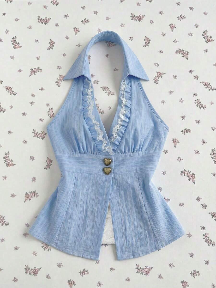 Camisa sin mangas con cuello en V rosa a rayas, encaje y parches, camisa sexy y elegante para fiestas, encanto sexy para vacaciones en la playa, festival de música Y2K primavera/verano - Azul - Ver 1