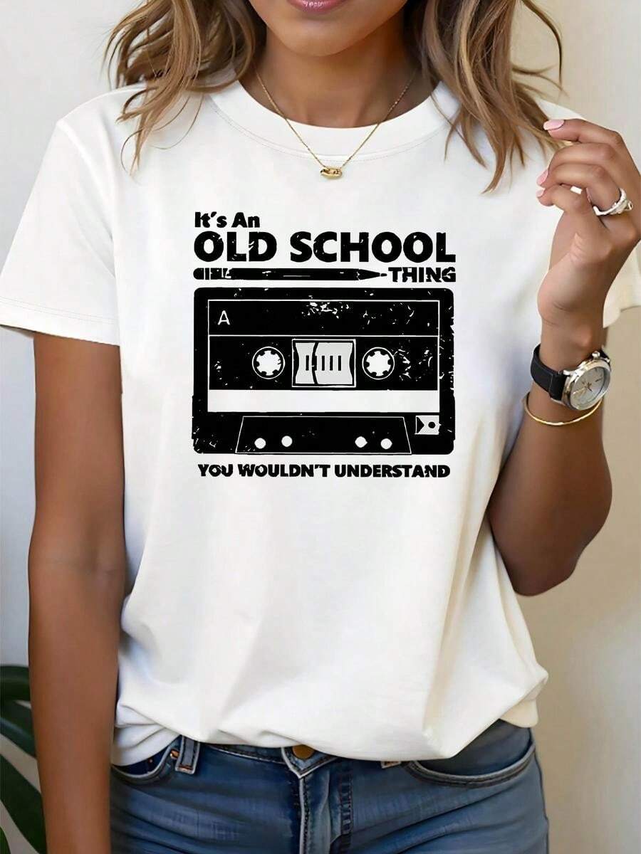 1 pieza clásica y versátil, camiseta de manga corta de algodón puro con estampado retro en cinta, ideal para usar en cualquier estación. Estilo moderno - Blanco - Ver 1