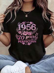 1 pieza, nacido en 1956, perfecto para personas de 70 años, elegante estampado floral decorativo, camiseta de manga corta de cuello redondo para mujer, primavera/verano, 180g, 100% algodón. - Negro - Ver 1