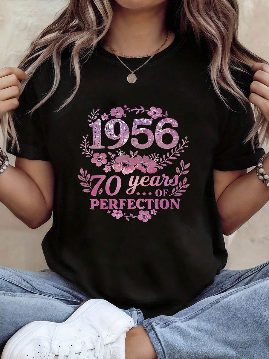 1 pieza, nacido en 1956, perfecto para personas de 70 años, elegante estampado floral decorativo, camiseta de manga corta de cuello redondo para mujer, primavera/verano, 180g, 100% algodón. - Negro - Ver 1