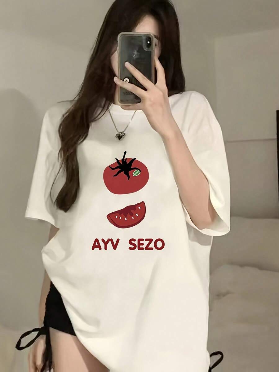 Camiseta de manga corta retro casual para mujer, 100% algodón - Corte holgado, cuello redondo, top de verano con estampado gráfico divertido de tomate y AVZSO, transpirable, lavable a máquina, para atuendo casual, diseño de frutas y verduras, tela cómoda. - Blanco - Ver 1