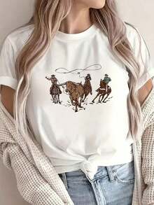 Women's Clothing Western Cowgirl Rodeo Graphic T-Shirt - Women's Soft Crew Neck Short Sleeve Casual Top With Cowboy Action Print, Horse And Bull Design, All Season Comfort For Outdoor Ranch Casual Wear (Machine Washable) Women's Shirts - 白色 - 查看 1