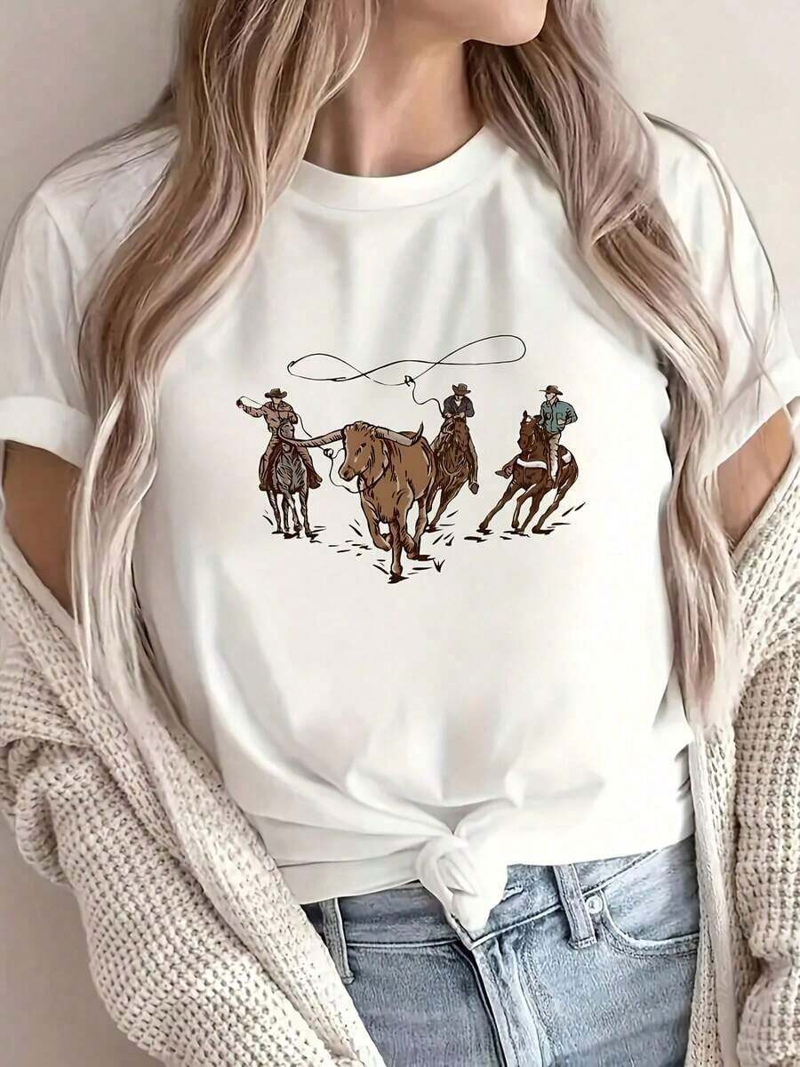 Women's Clothing Western Cowgirl Rodeo Graphic T-Shirt - Women's Soft Crew Neck Short Sleeve Casual Top With Cowboy Action Print, Horse And Bull Design, All Season Comfort For Outdoor Ranch Casual Wear (Machine Washable) Women's Shirts - 白色 - 查看 1